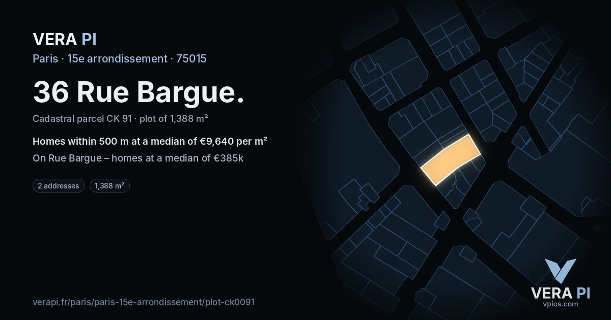 36 Rue Bargue, 15e arrondissement at night – the plot lit, the parcels around coloured by the prices near them
