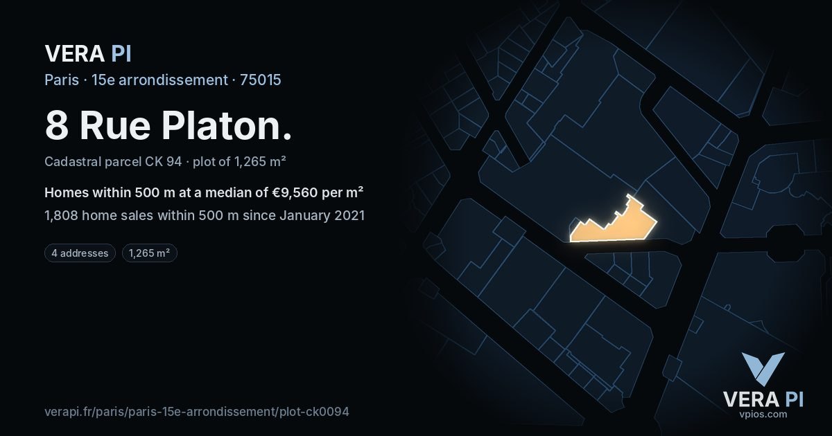 8 Rue Platon, 15e arrondissement at night – the plot lit, the parcels around coloured by the prices near them