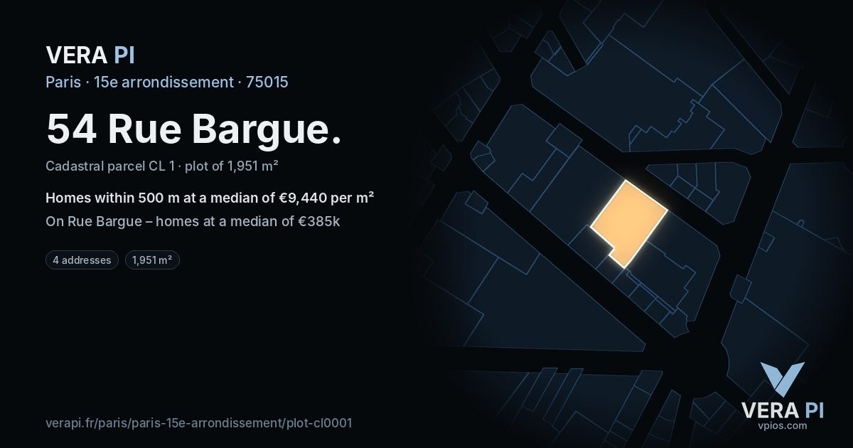 54 Rue Bargue, 15e arrondissement at night – the plot lit, the parcels around coloured by the prices near them