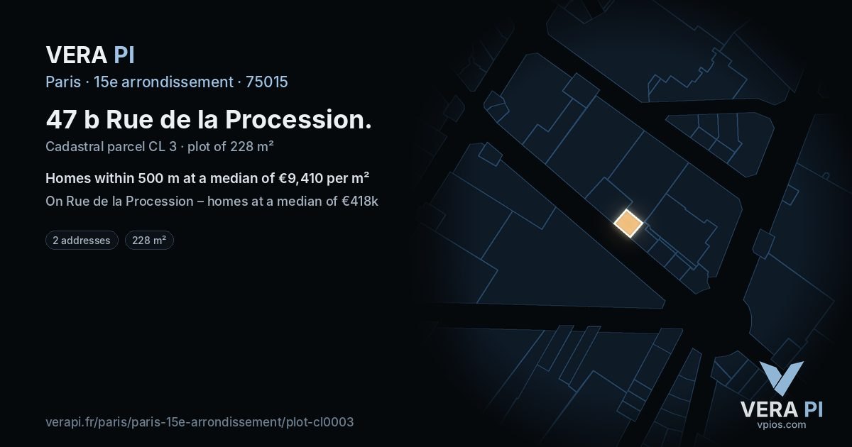 47 b Rue de la Procession, 15e arrondissement at night – the plot lit, the parcels around coloured by the prices near them