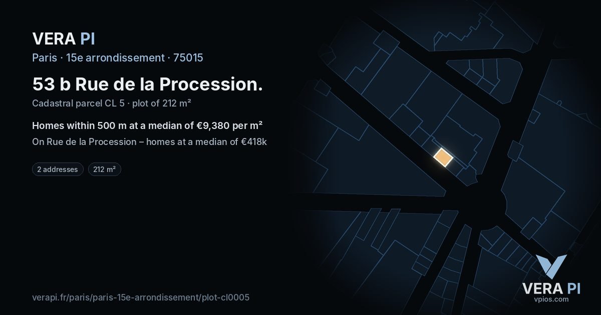 53 b Rue de la Procession, 15e arrondissement at night – the plot lit, the parcels around coloured by the prices near them