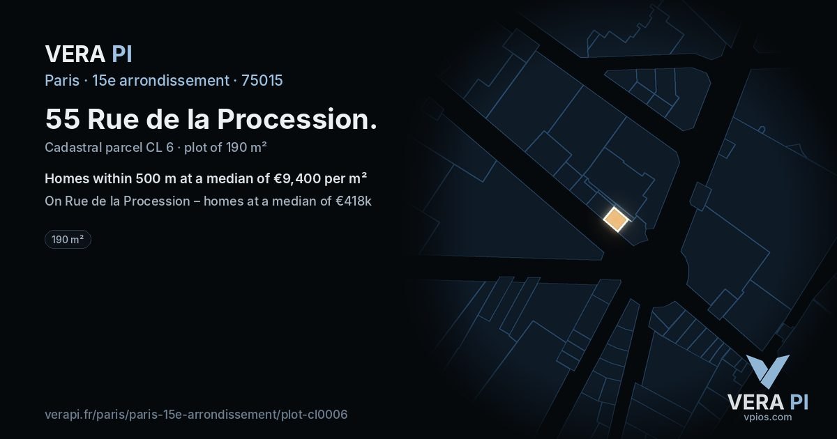 55 Rue de la Procession, 15e arrondissement at night – the plot lit, the parcels around coloured by the prices near them