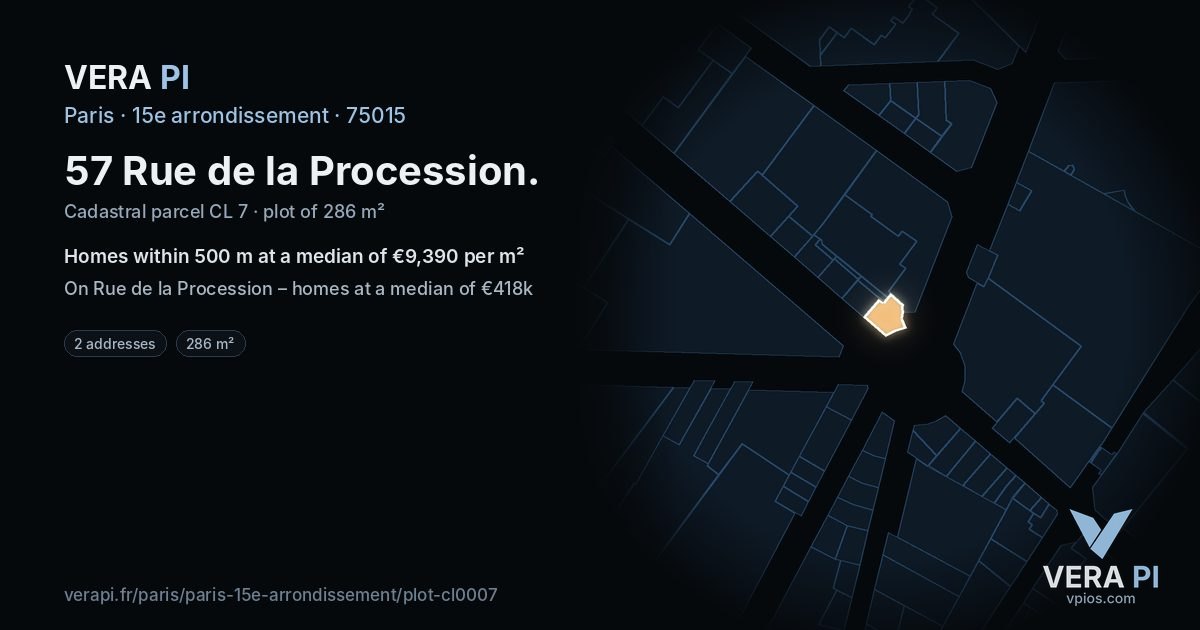 57 Rue de la Procession, 15e arrondissement at night – the plot lit, the parcels around coloured by the prices near them