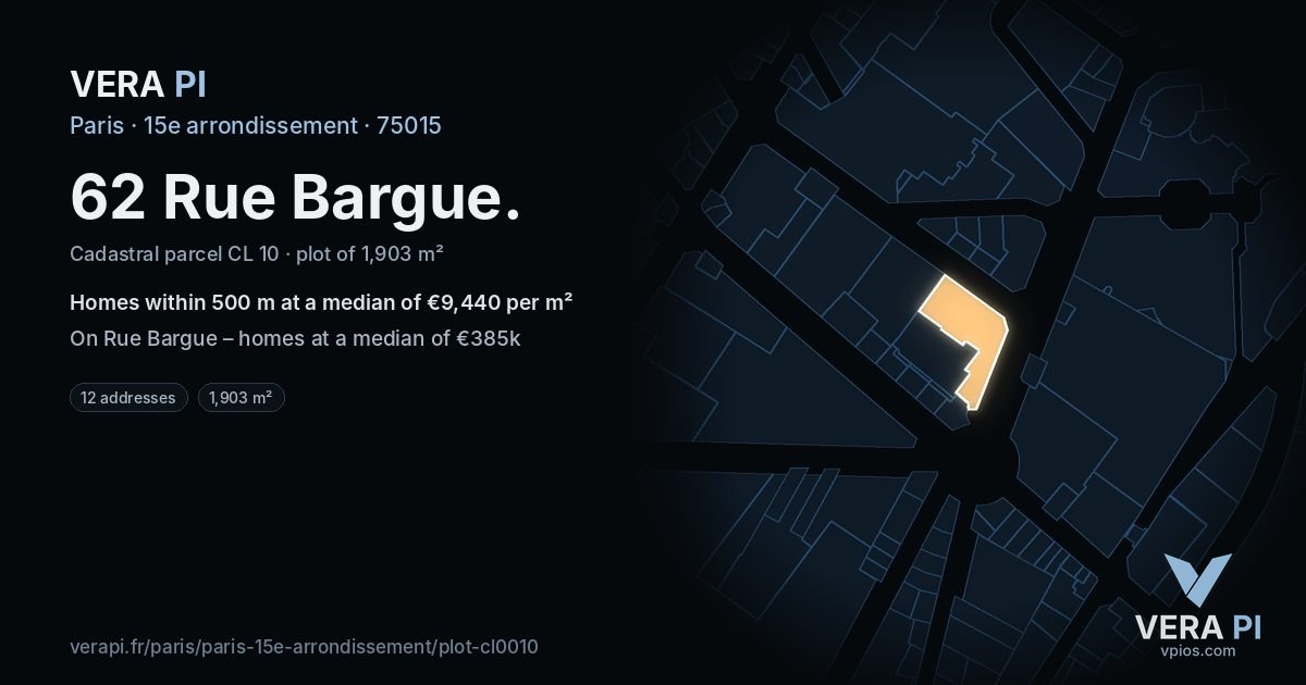 62 Rue Bargue, 15e arrondissement at night – the plot lit, the parcels around coloured by the prices near them