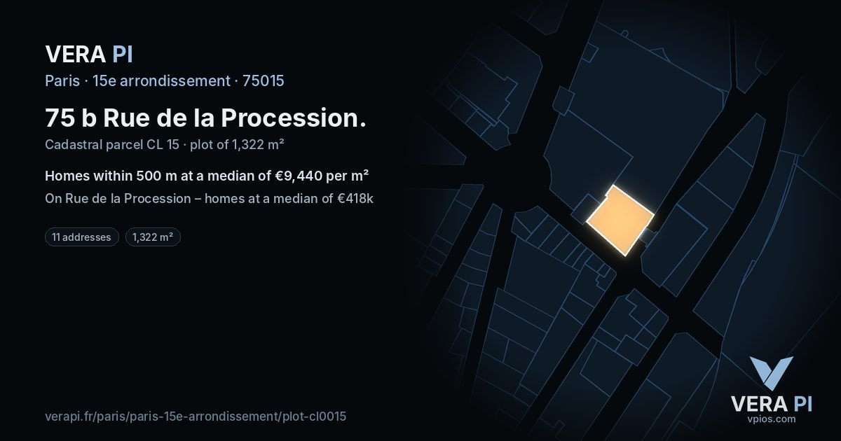 75 b Rue de la Procession, 15e arrondissement at night – the plot lit, the parcels around coloured by the prices near them