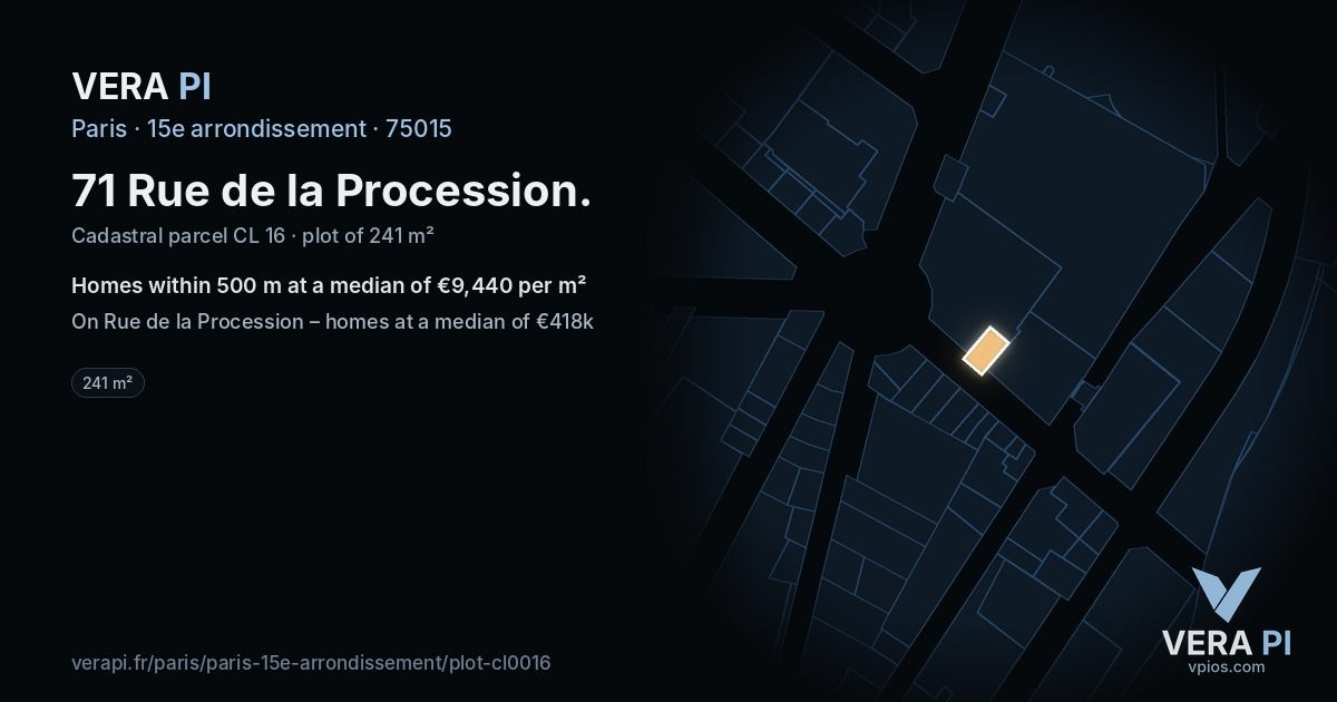 71 Rue de la Procession, 15e arrondissement at night – the plot lit, the parcels around coloured by the prices near them