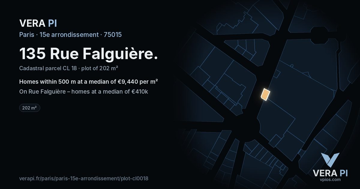 135 Rue Falguière, 15e arrondissement at night – the plot lit, the parcels around coloured by the prices near them