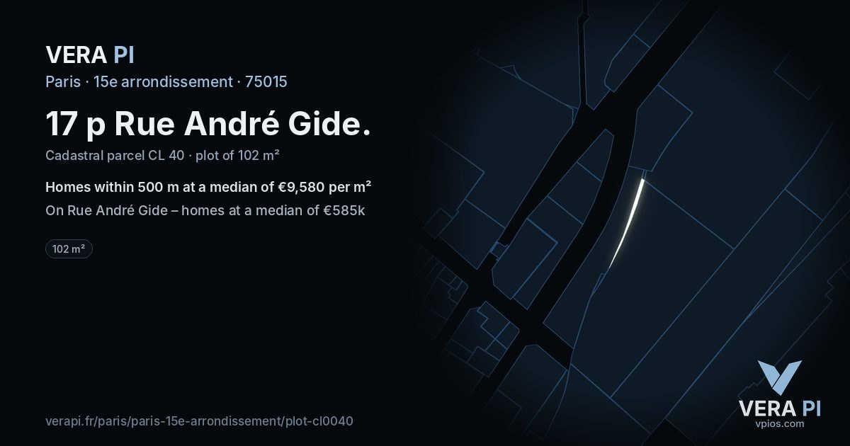 17 p Rue André Gide, 15e arrondissement at night – the plot lit, the parcels around coloured by the prices near them
