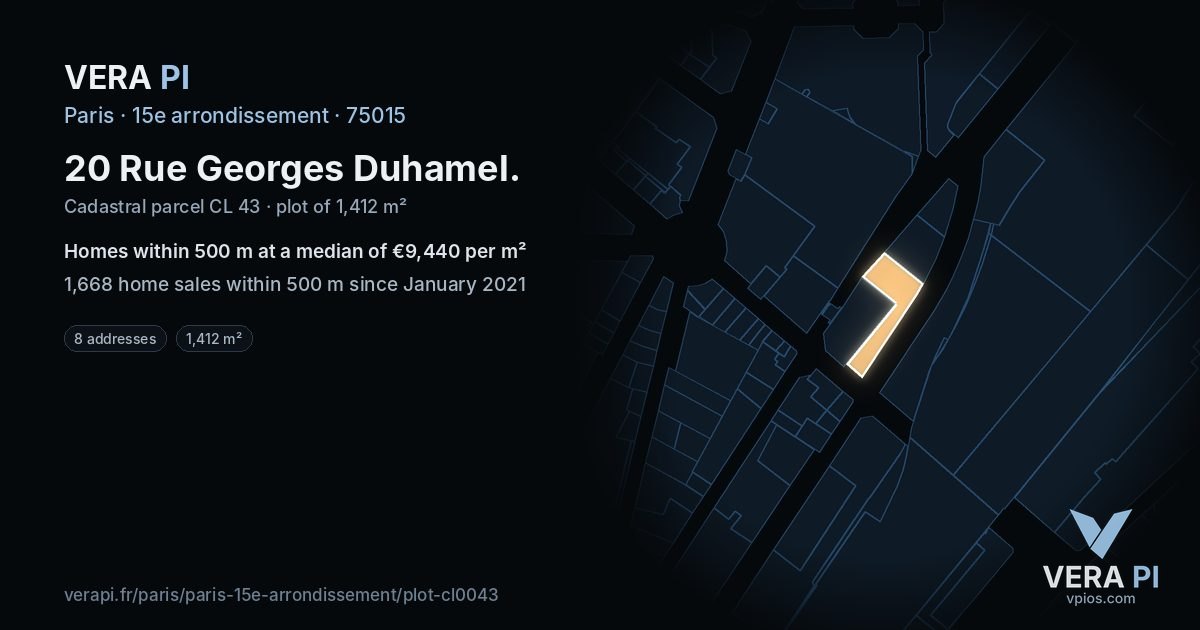 20 Rue Georges Duhamel, 15e arrondissement at night – the plot lit, the parcels around coloured by the prices near them