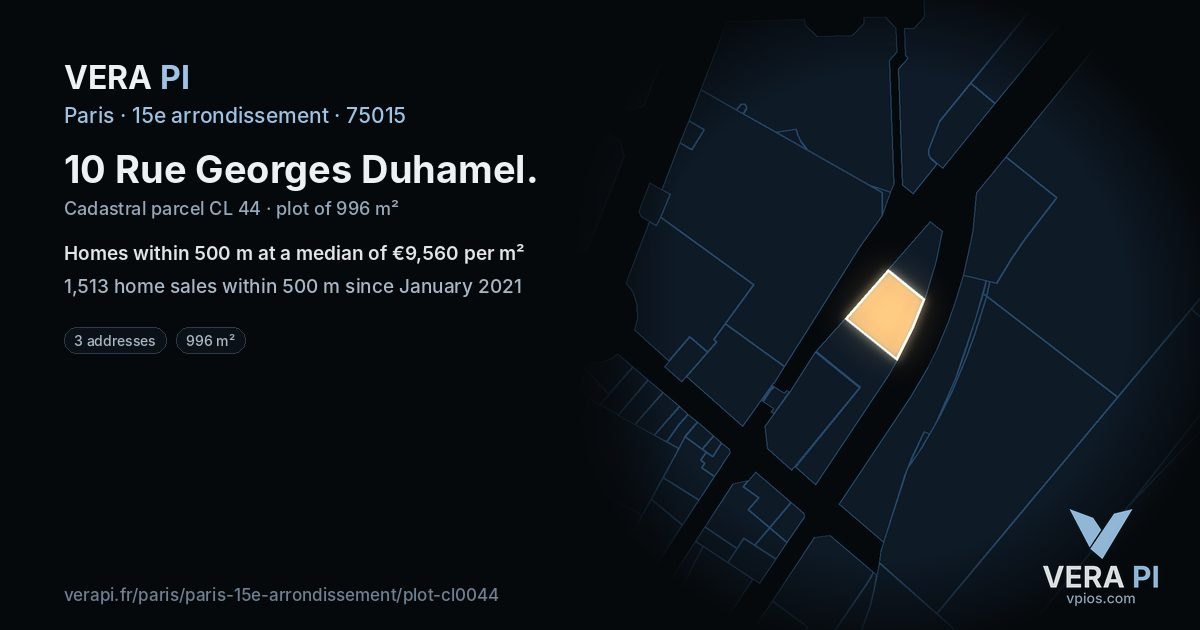 10 Rue Georges Duhamel, 15e arrondissement at night – the plot lit, the parcels around coloured by the prices near them