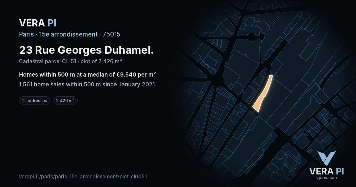 23 Rue Georges Duhamel, 15e arrondissement at night – the plot lit, the parcels around coloured by the prices near them