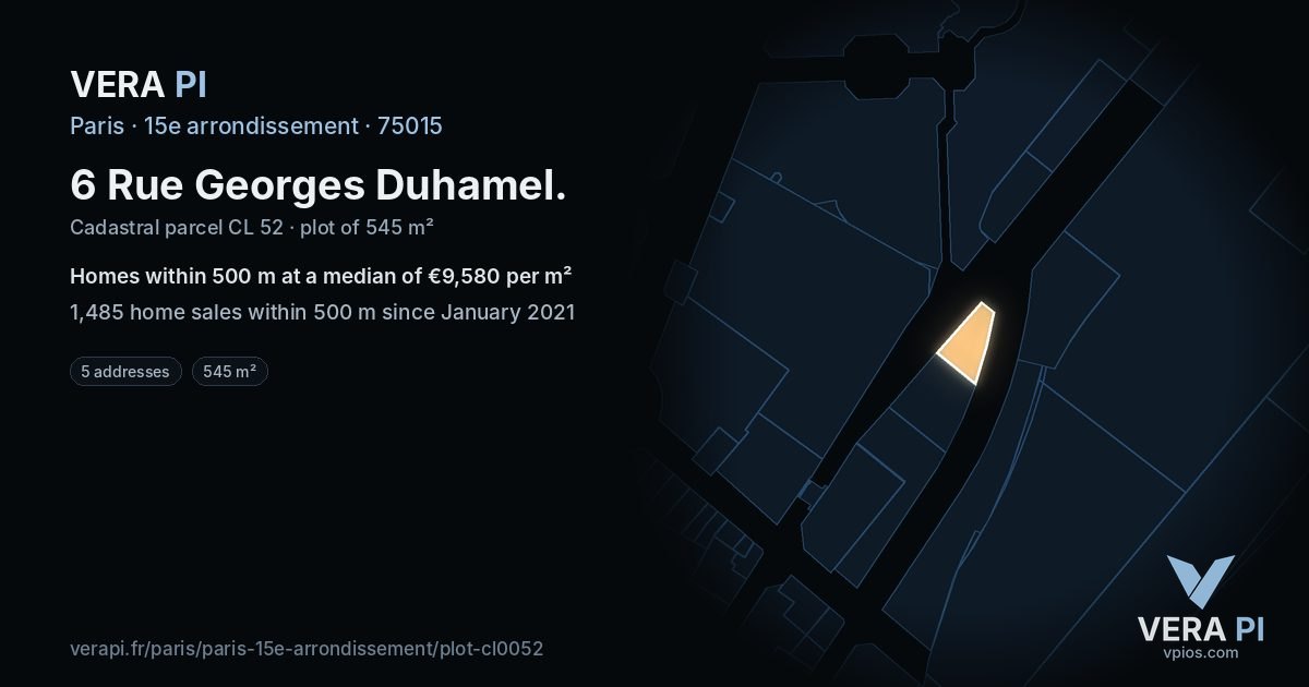 6 Rue Georges Duhamel, 15e arrondissement at night – the plot lit, the parcels around coloured by the prices near them