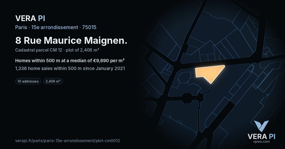 8 Rue Maurice Maignen, 15e arrondissement at night – the plot lit, the parcels around coloured by the prices near them