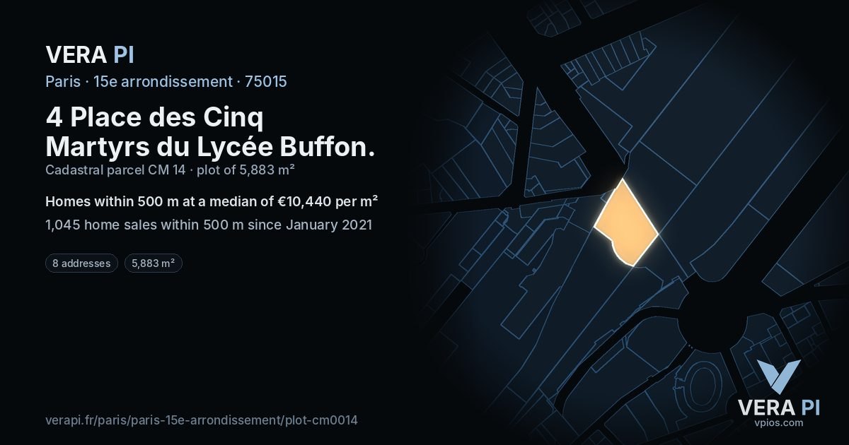 4 Place des Cinq Martyrs du Lycée Buffon, 15e arrondissement at night – the plot lit, the parcels around coloured by the prices near them