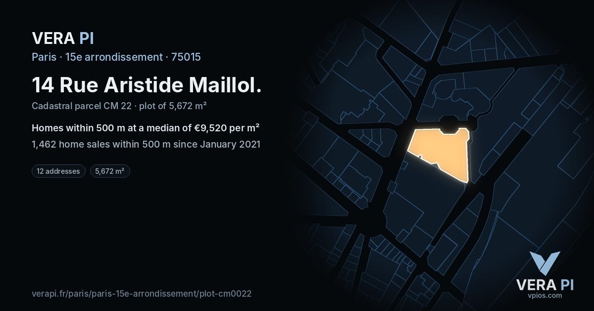 14 Rue Aristide Maillol, 15e arrondissement at night – the plot lit, the parcels around coloured by the prices near them