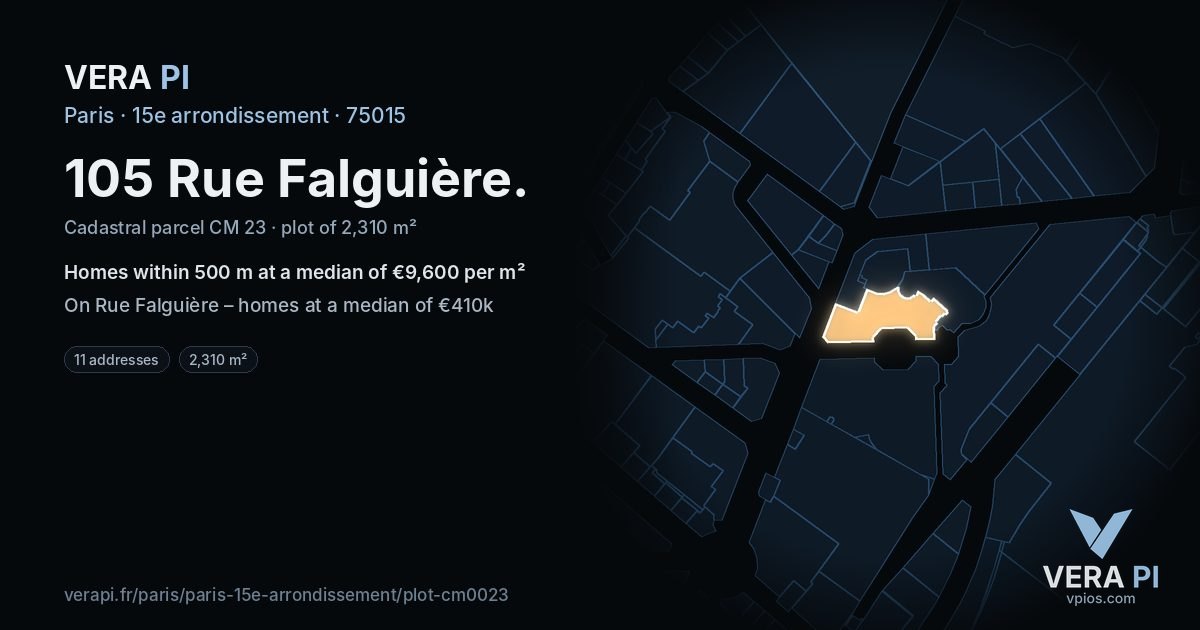 105 Rue Falguière, 15e arrondissement at night – the plot lit, the parcels around coloured by the prices near them