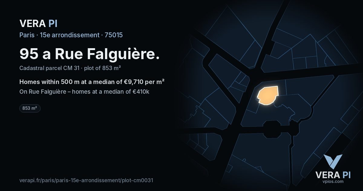 95 a Rue Falguière, 15e arrondissement at night – the plot lit, the parcels around coloured by the prices near them