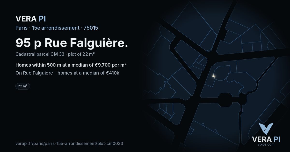 95 p Rue Falguière, 15e arrondissement at night – the plot lit, the parcels around coloured by the prices near them