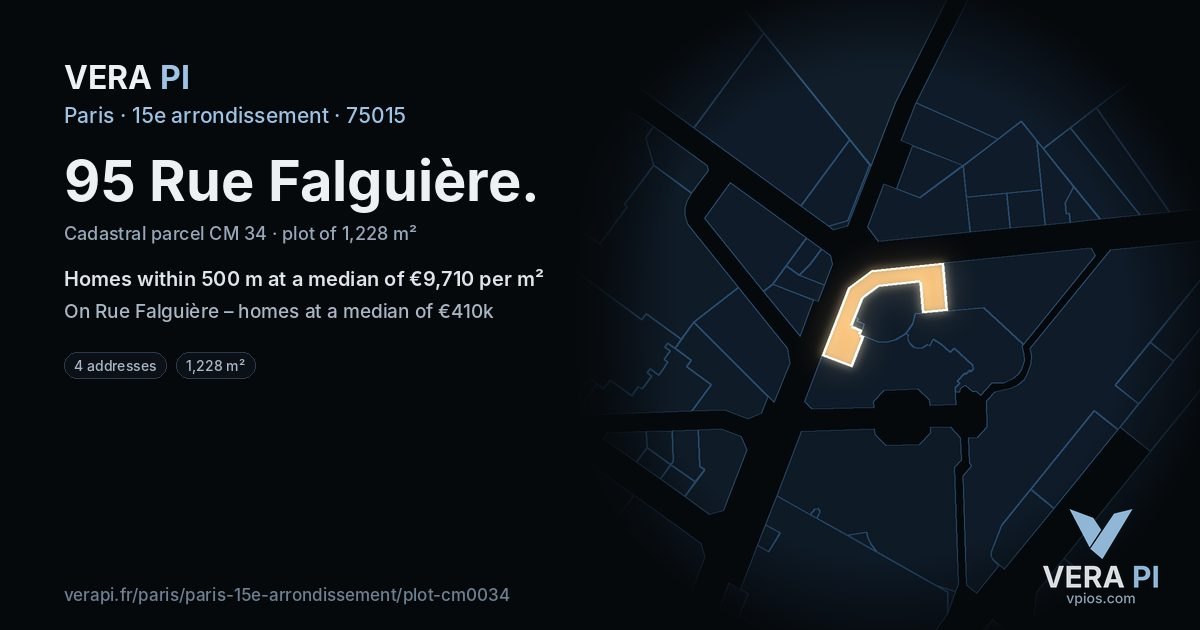 95 Rue Falguière, 15e arrondissement at night – the plot lit, the parcels around coloured by the prices near them