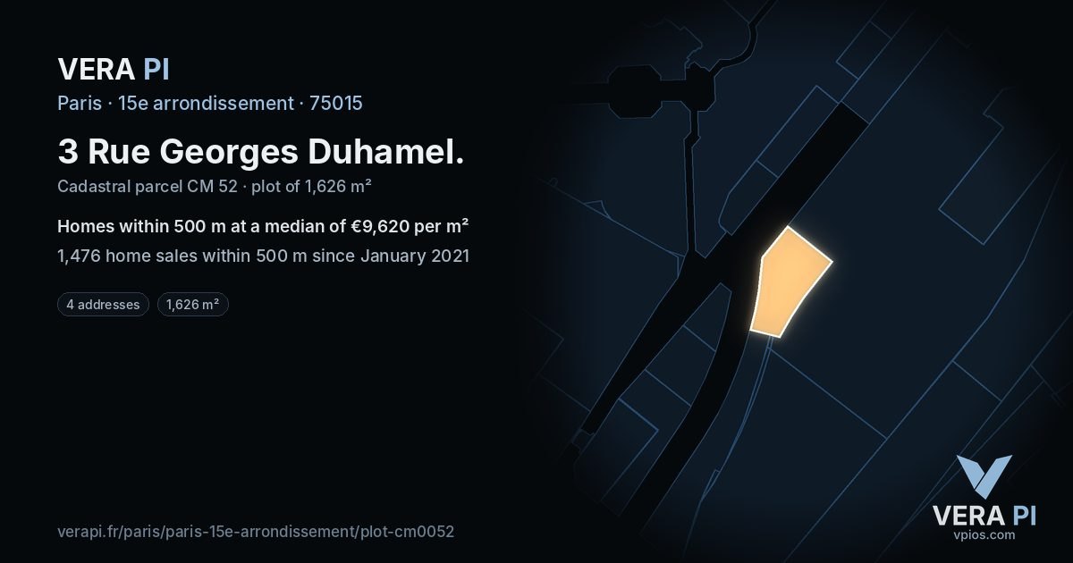 3 Rue Georges Duhamel, 15e arrondissement at night – the plot lit, the parcels around coloured by the prices near them