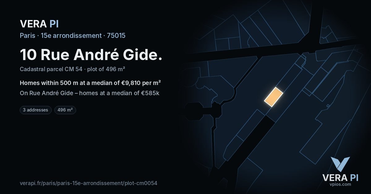 10 Rue André Gide, 15e arrondissement at night – the plot lit, the parcels around coloured by the prices near them