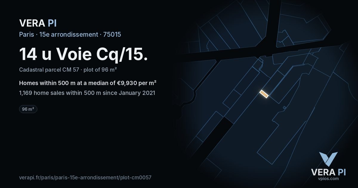 14 u Voie Cq/15, 15e arrondissement at night – the plot lit, the parcels around coloured by the prices near them