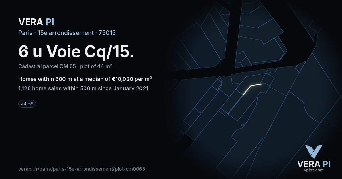 6 u Voie Cq/15, 15e arrondissement at night – the plot lit, the parcels around coloured by the prices near them