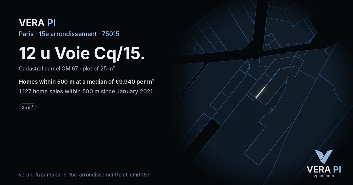 12 u Voie Cq/15, 15e arrondissement at night – the plot lit, the parcels around coloured by the prices near them