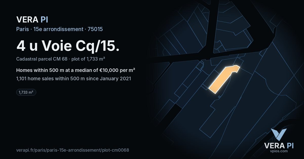 4 u Voie Cq/15, 15e arrondissement at night – the plot lit, the parcels around coloured by the prices near them