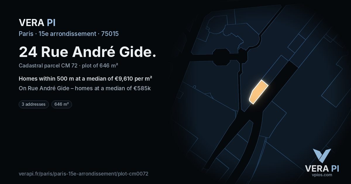 24 Rue André Gide, 15e arrondissement at night – the plot lit, the parcels around coloured by the prices near them