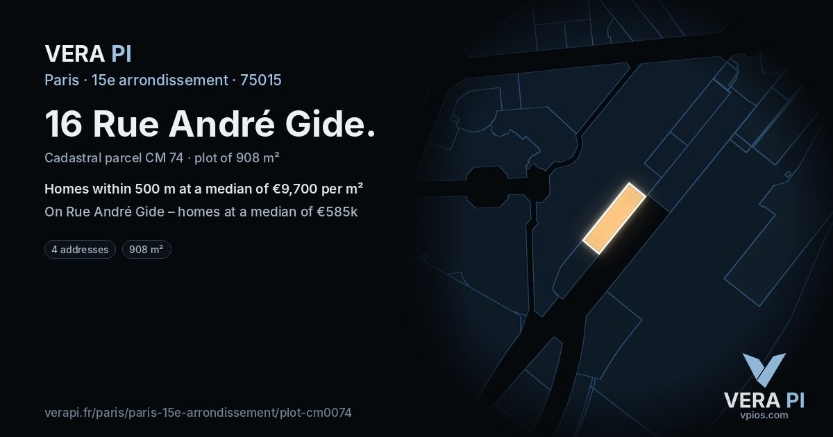 16 Rue André Gide, 15e arrondissement at night – the plot lit, the parcels around coloured by the prices near them