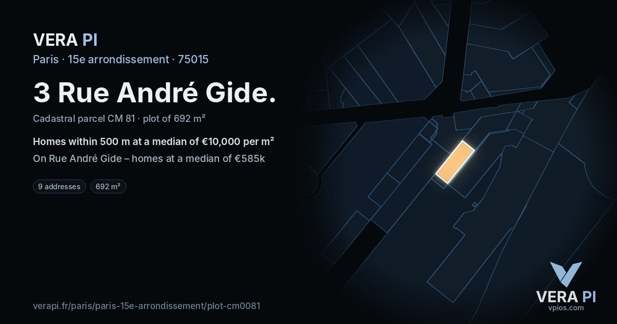 3 Rue André Gide, 15e arrondissement at night – the plot lit, the parcels around coloured by the prices near them