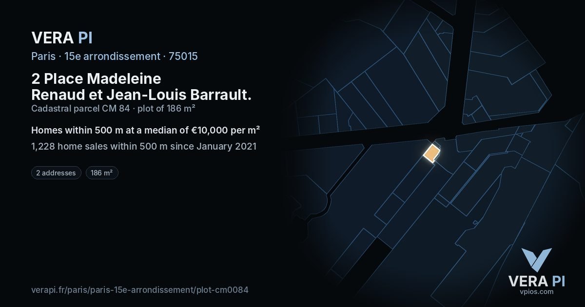 2 Place Madeleine Renaud et Jean-Louis Barrault, 15e arrondissement at night – the plot lit, the parcels around coloured by the prices near them