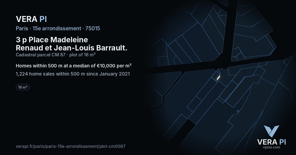3 p Place Madeleine Renaud et Jean-Louis Barrault, 15e arrondissement at night – the plot lit, the parcels around coloured by the prices near them