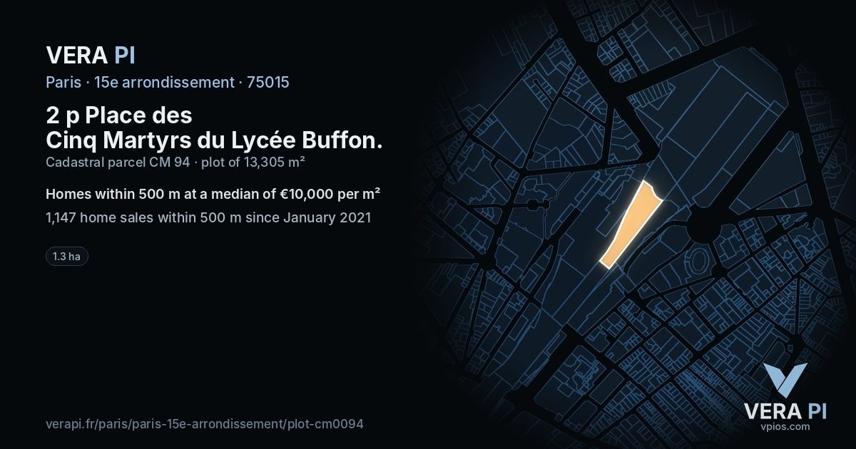 2 p Place des Cinq Martyrs du Lycée Buffon, 15e arrondissement at night – the plot lit, the parcels around coloured by the prices near them