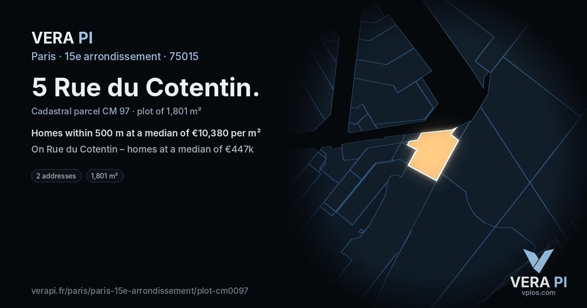 5 Rue du Cotentin, 15e arrondissement at night – the plot lit, the parcels around coloured by the prices near them
