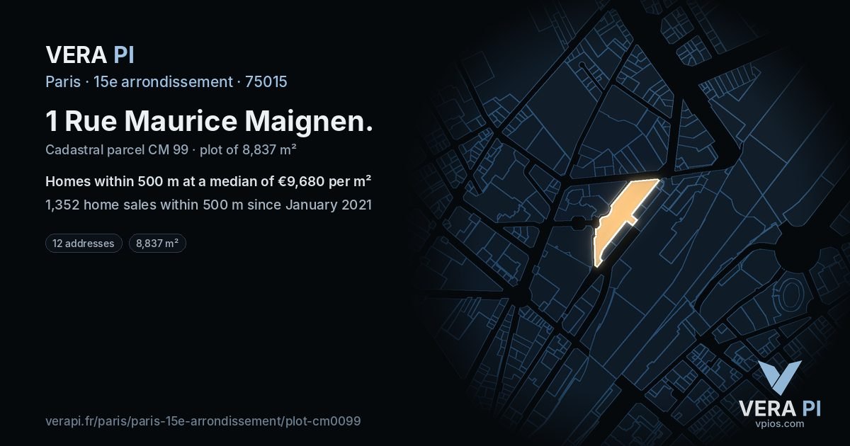1 Rue Maurice Maignen, 15e arrondissement at night – the plot lit, the parcels around coloured by the prices near them