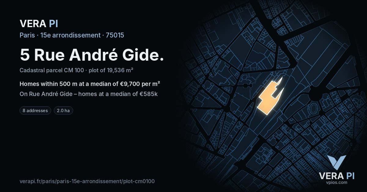 5 Rue André Gide, 15e arrondissement at night – the plot lit, the parcels around coloured by the prices near them