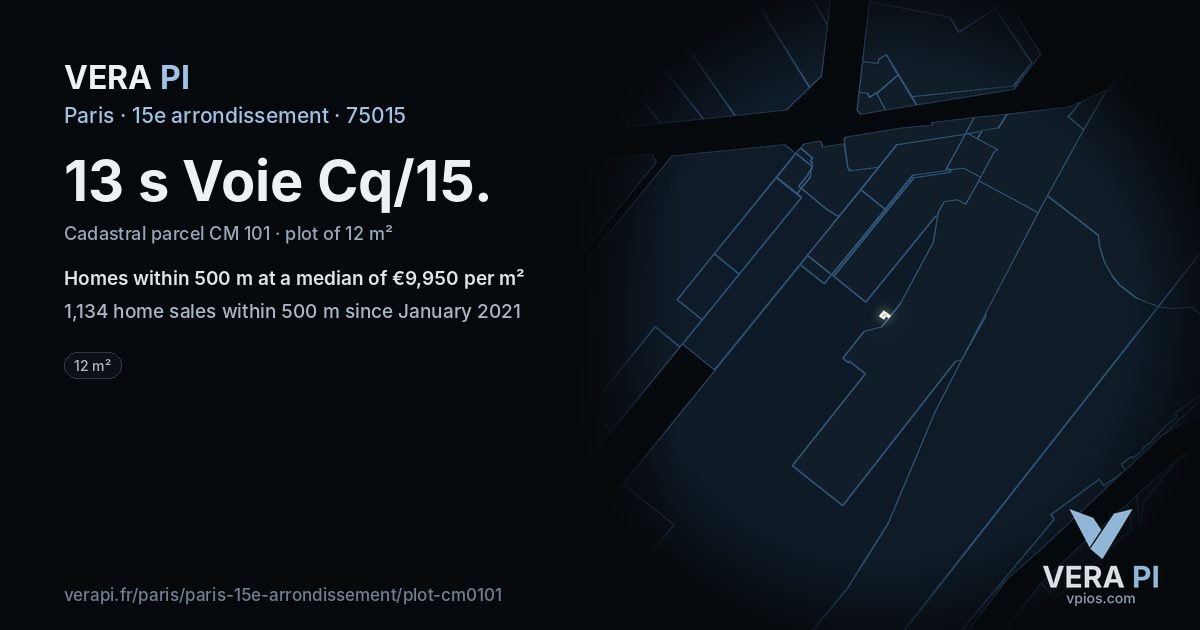 13 s Voie Cq/15, 15e arrondissement at night – the plot lit, the parcels around coloured by the prices near them