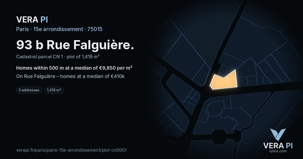 93 b Rue Falguière, 15e arrondissement at night – the plot lit, the parcels around coloured by the prices near them