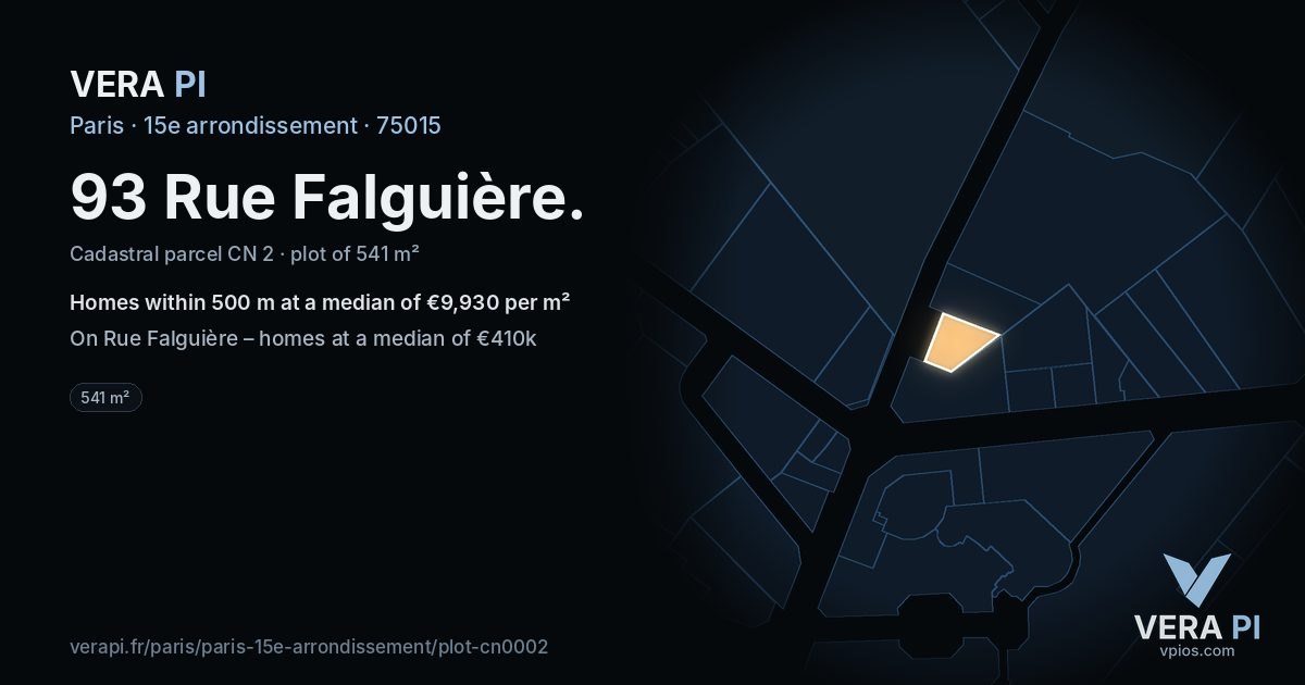 93 Rue Falguière, 15e arrondissement at night – the plot lit, the parcels around coloured by the prices near them