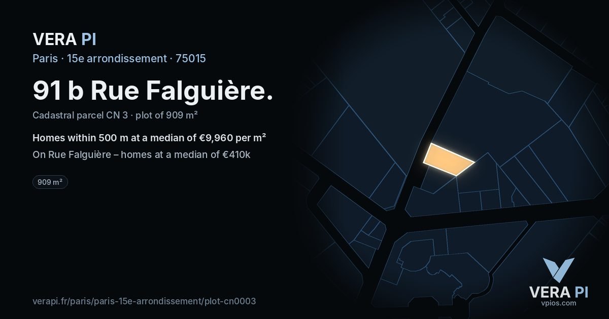91 b Rue Falguière, 15e arrondissement at night – the plot lit, the parcels around coloured by the prices near them
