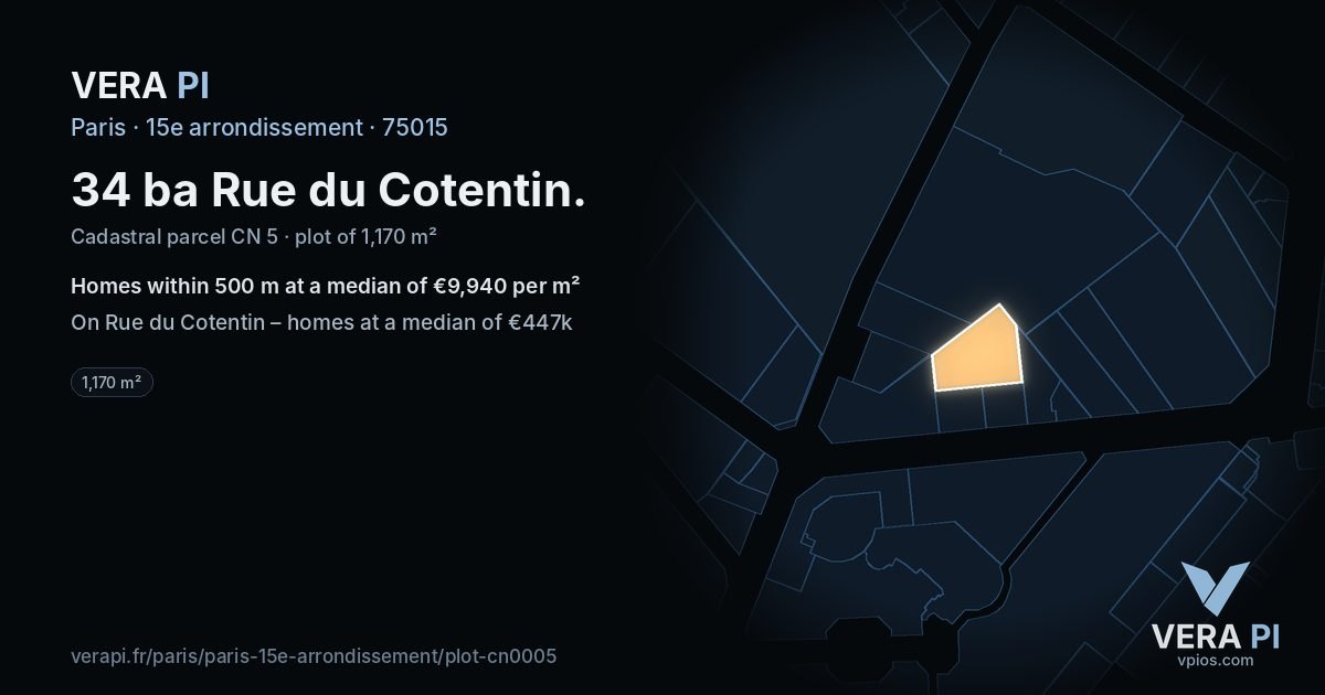 34 ba Rue du Cotentin, 15e arrondissement at night – the plot lit, the parcels around coloured by the prices near them