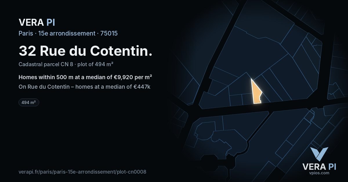 32 Rue du Cotentin, 15e arrondissement at night – the plot lit, the parcels around coloured by the prices near them