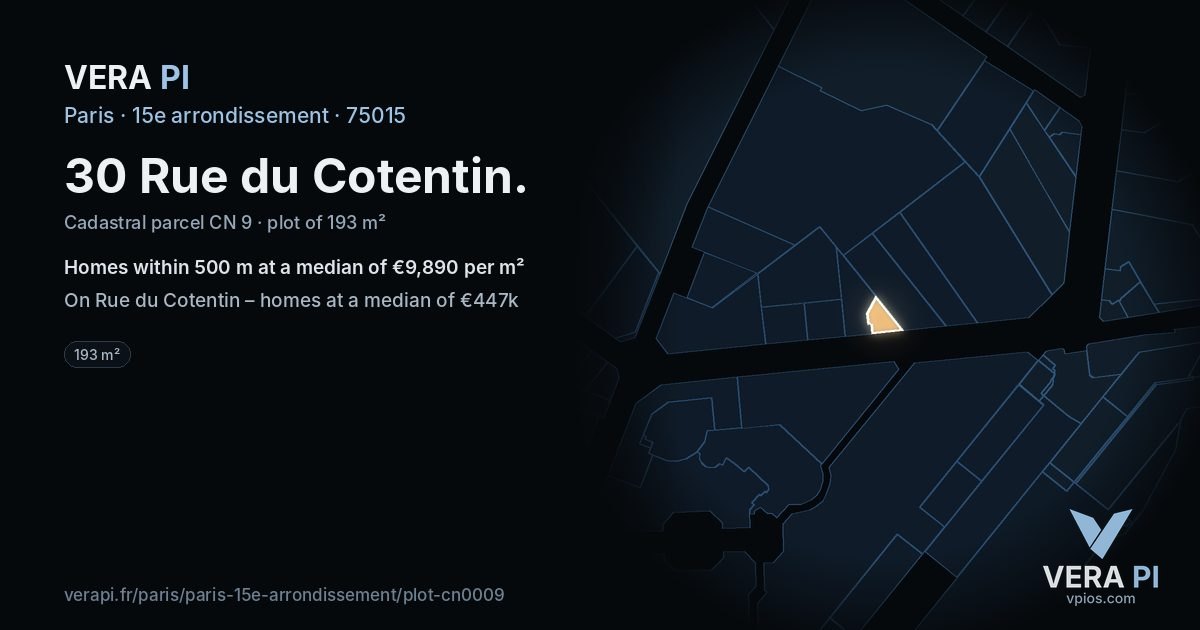 30 Rue du Cotentin, 15e arrondissement at night – the plot lit, the parcels around coloured by the prices near them