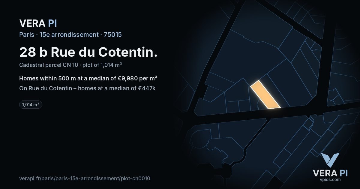 28 b Rue du Cotentin, 15e arrondissement at night – the plot lit, the parcels around coloured by the prices near them