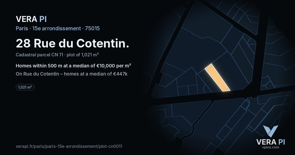 28 Rue du Cotentin, 15e arrondissement at night – the plot lit, the parcels around coloured by the prices near them