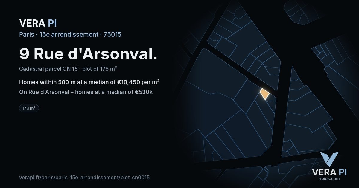 9 Rue d'Arsonval, 15e arrondissement at night – the plot lit, the parcels around coloured by the prices near them