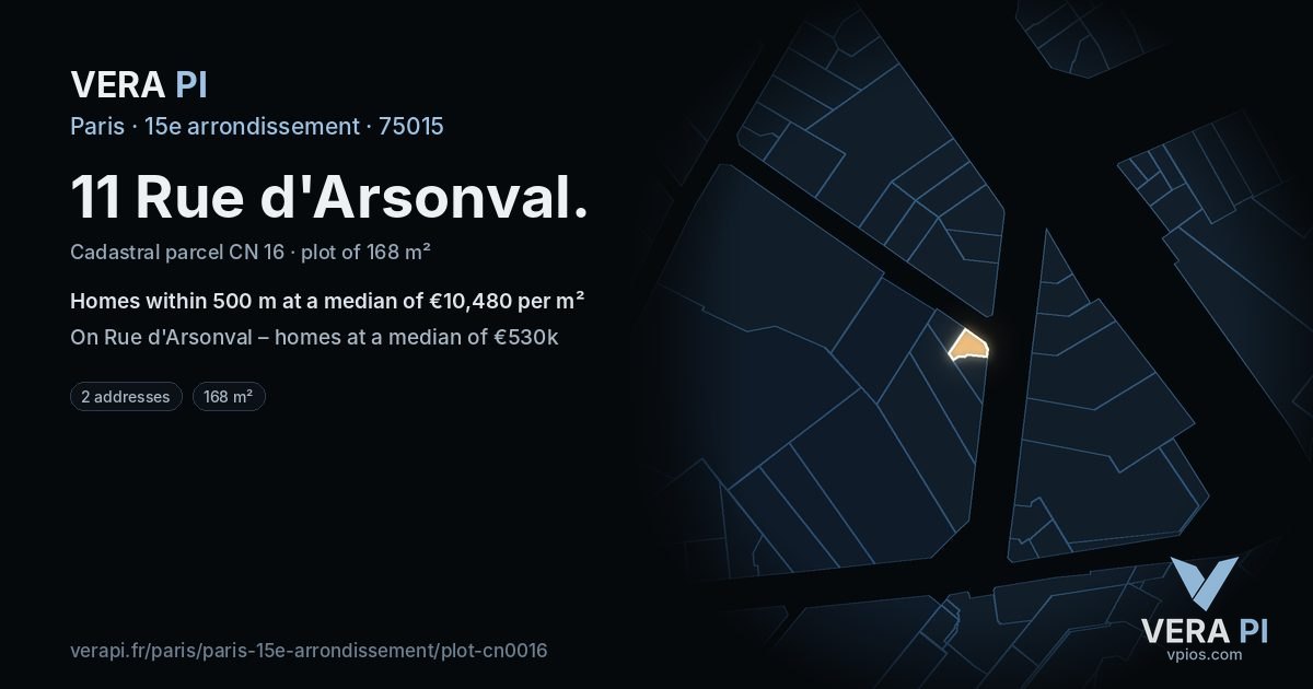 11 Rue d'Arsonval, 15e arrondissement at night – the plot lit, the parcels around coloured by the prices near them