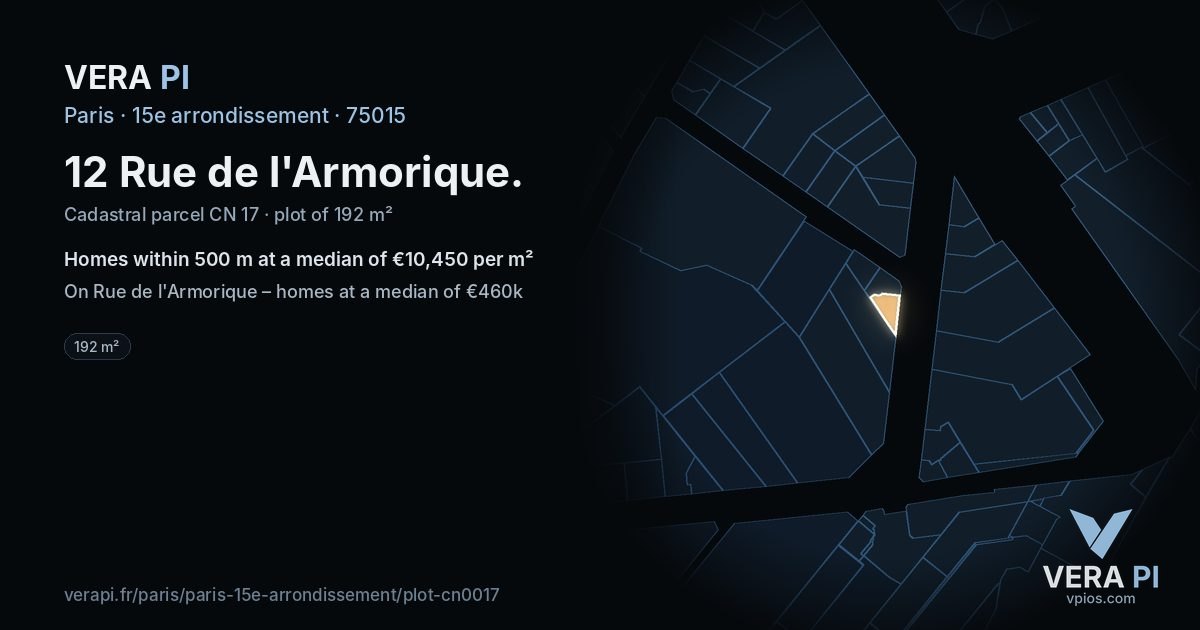 12 Rue de l'Armorique, 15e arrondissement at night – the plot lit, the parcels around coloured by the prices near them